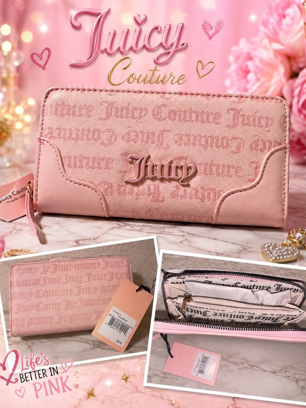 Juicy Couture Pink Logo Zip-Around Wallet with Gold Emblem